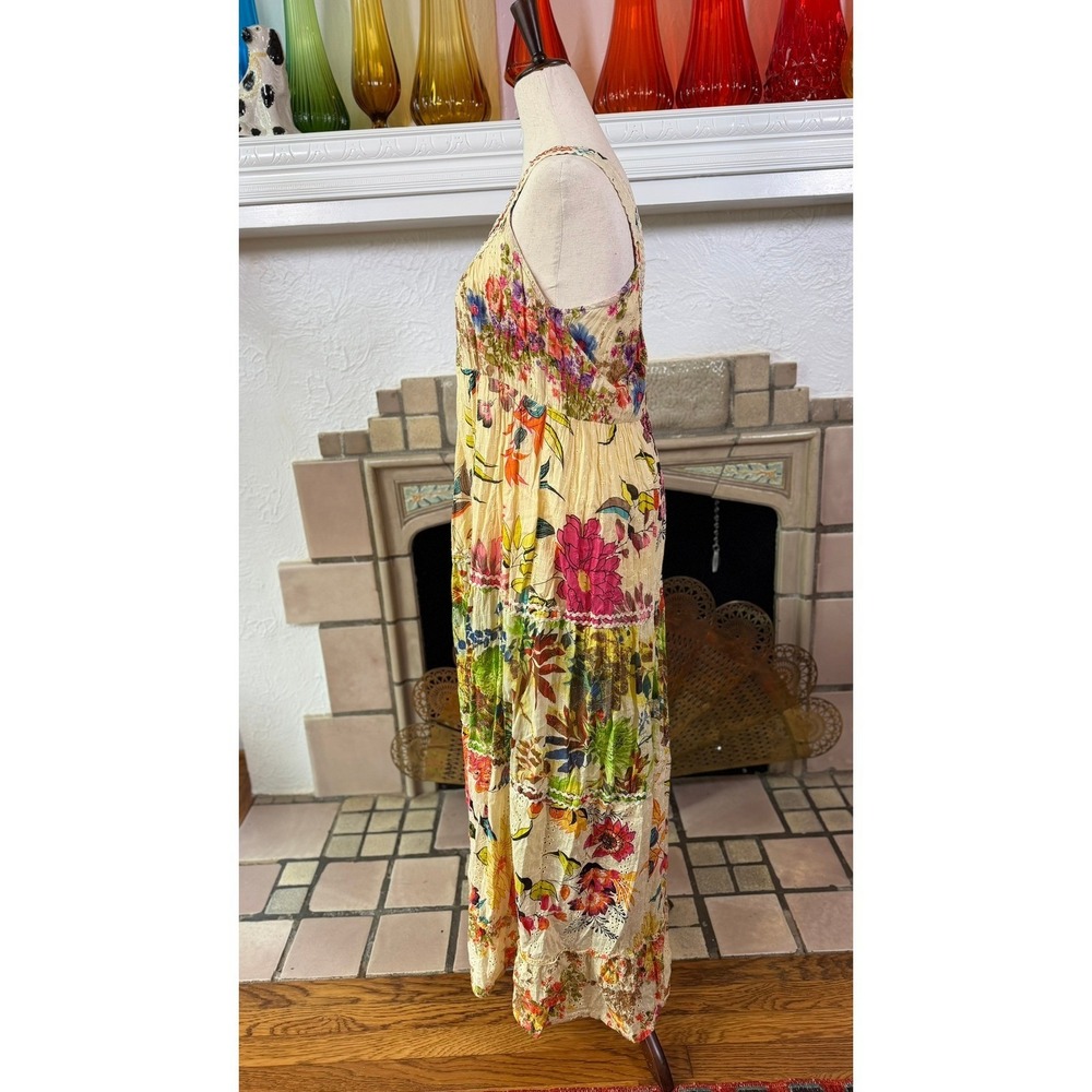 Palak Boho Tiered Maxi Dress Cotton Eyelet Mixed Floral Rick Rack India M - Picture 4 of 11